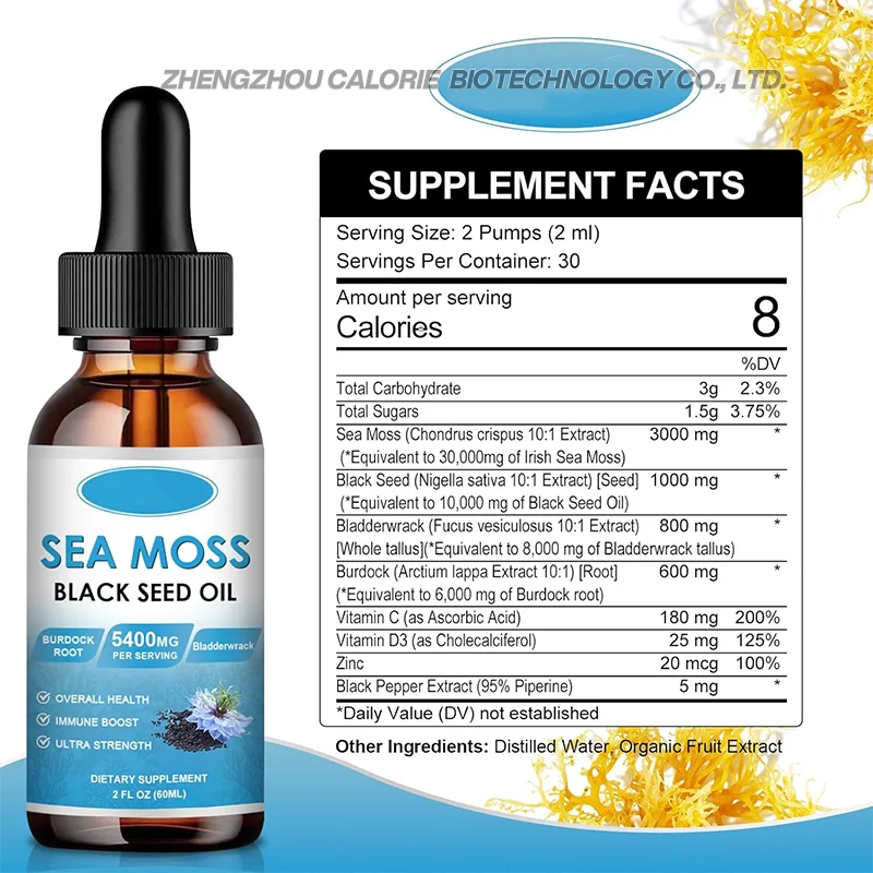 OEM/ODM Private Label Sea Moss Black Seed Oil Ashwagandha Supplement Vitamin C Rich Oral Liquid Drops Herbal Extract in Bottle