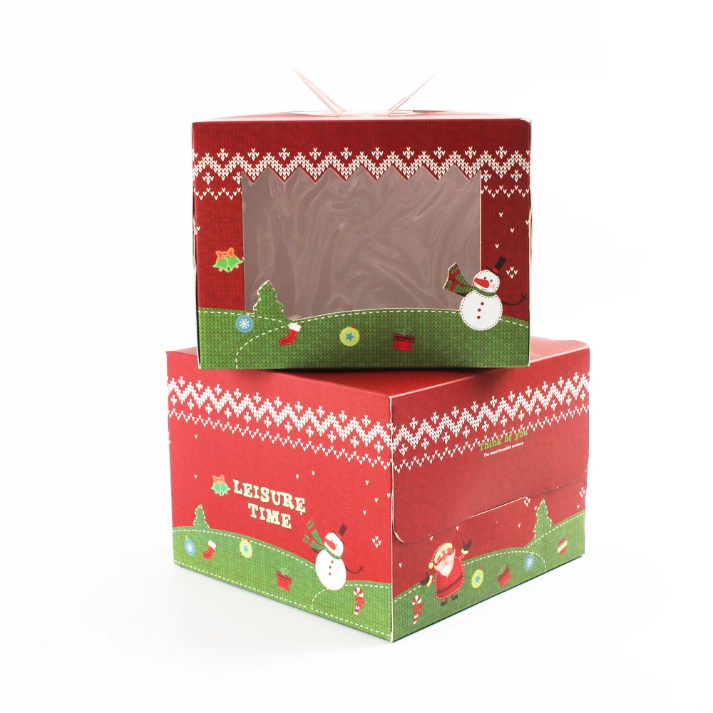 Christmas Window Cake Box Design For Christmas Bakery Cookie Cake Brownie Packaging with handle