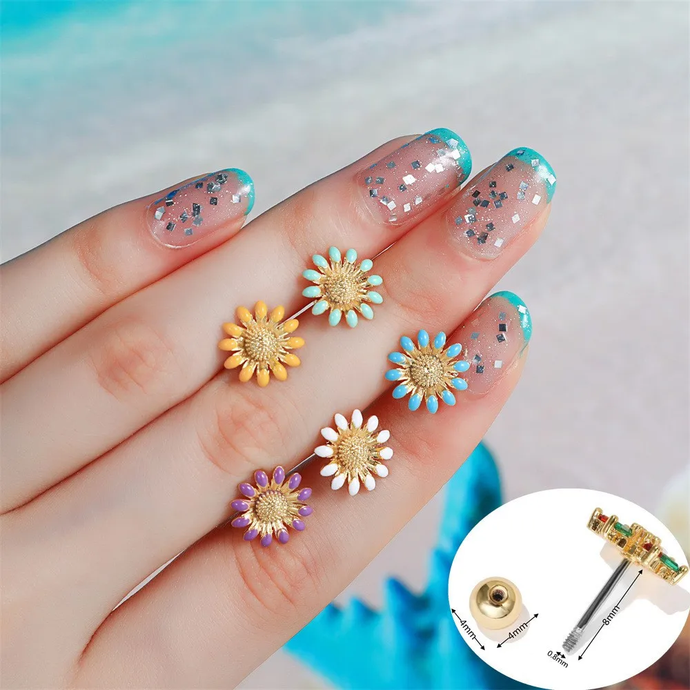 Pastoral Wind Sunflower Dripping Oil Small Ear Bone Studs Retro Flower Women Jewelry 18K Gold Plated Lock Ball Piercing Earring