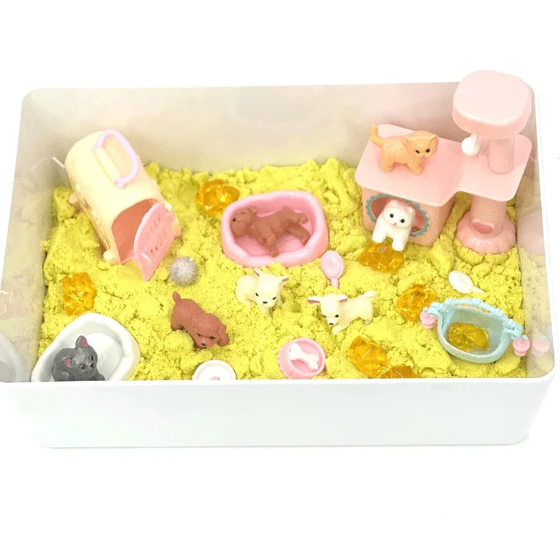 Perfect Kraft Sensory Sand Bin- Pet Playdate with Air Dry Light Clay Theme Animal Model DIY Educational Toy for Kids