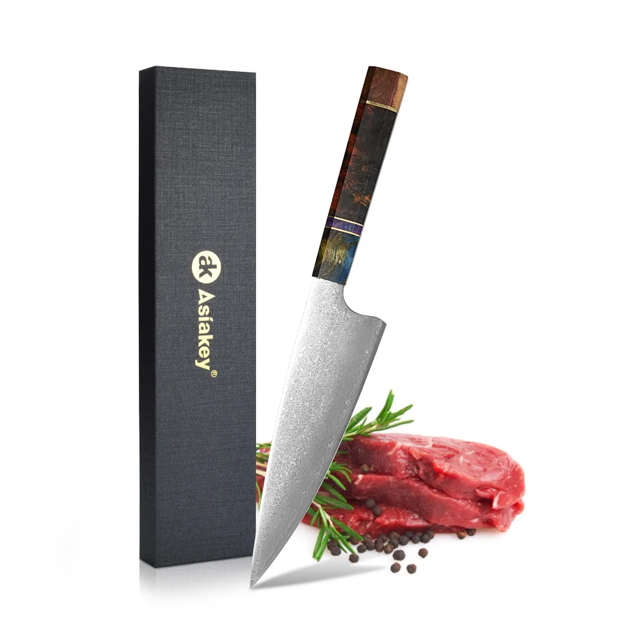 Professional Kitchen Knives Chef knife Damascus Steel Octagonal Stabilized Wood Copper Ring Handle Oil painting Style with Boxes