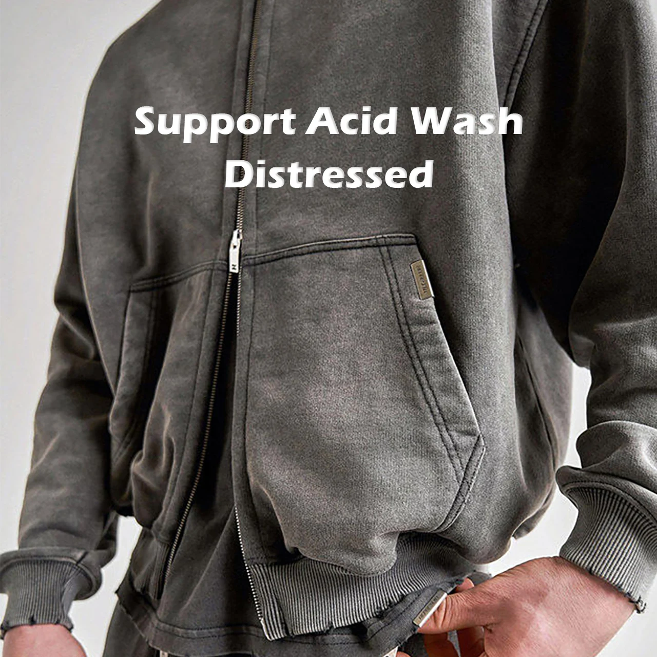 Custom Washed Zip Up Hoodie Fleece French Terry  Plain Blank Solid Color Sweatshirt Double Layer Hoodies for Men