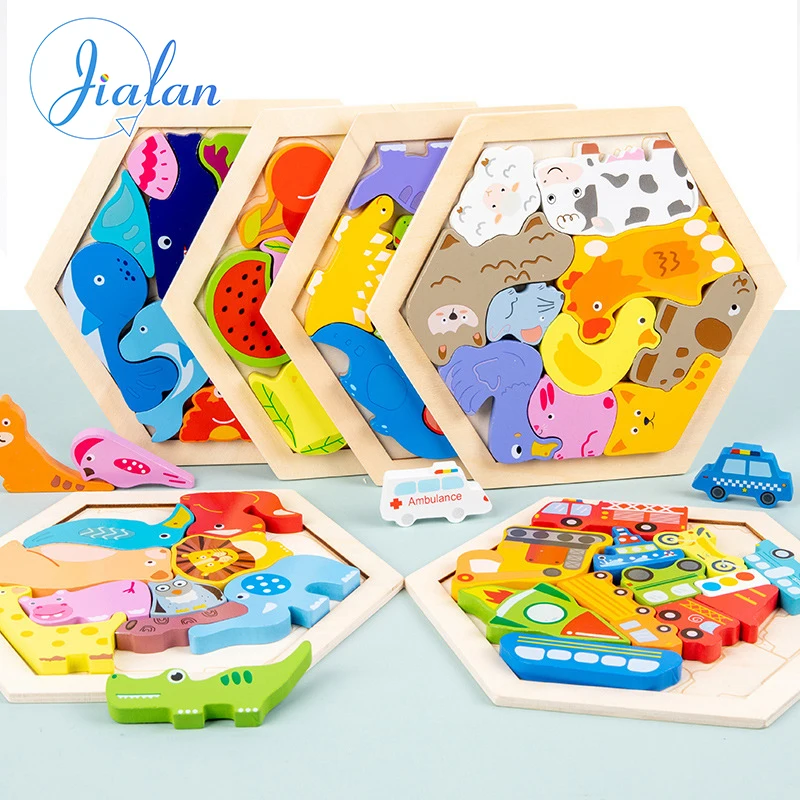 Wooden 3D Puzzle Animal Jigsaw Wooden Puzzle Carton Alphabet Learning Educational Jigsaw Puzzle