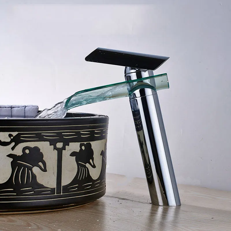 Waterfall Black Bathroom Faucet Hot Cold Mixer Crane Basin Tap Glass Design For Bathroom Sink Deck Mount