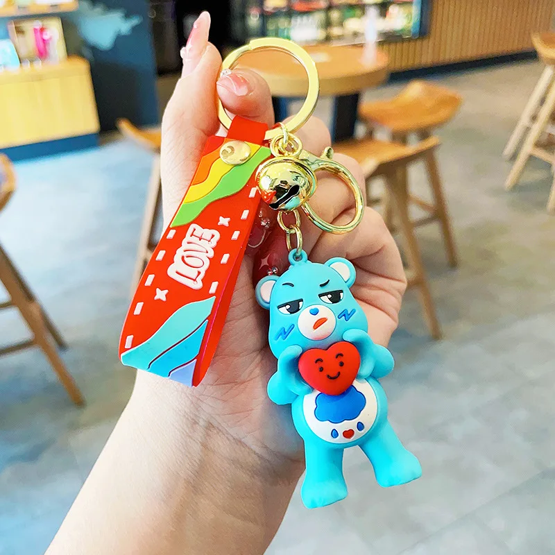 Hot Sale In Stock Promotion 3D Cartoon Rainbow Bear Key Chain Small Cute Key Ring 3D Cheap Gifts For Kids