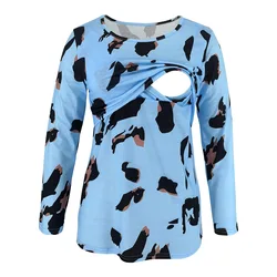 Womens round neck long Sleeve floral leopard print Layered Maternity clothes Breastfeeding tee shirt Nursing Tunic Tops