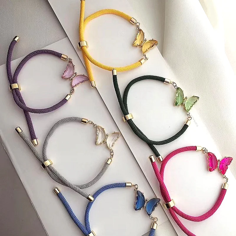 CH-LHB0533 Lovely Butterfly Bracelet Color Glass Butterfly Pendant Bracelet Butterfly Accessories Color Rope Cord Bracelet