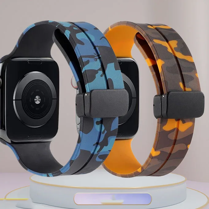 Лидер продаж камуфляжный силиконовый браслет для смарт-часов iWatch Ultra SE 10 9 8 7 6 с магнитной складной пряжкой
