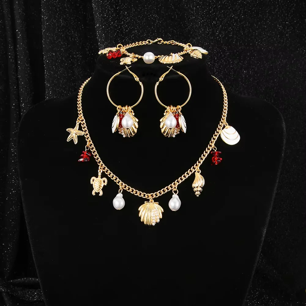 2024 High Beauty Creative Pearl Shell Pendant Necklace Premium Marine Life Pendant Earring Set