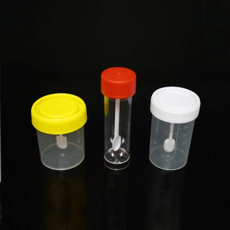 Disposable medical plastic sterile 60ml polypropylene urine specimen stool container with spoon