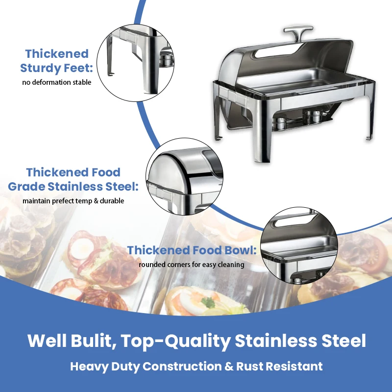 Commercial Hotel Supplies Golden Luxury Catering Equipment Alcohol Fuel Roll Top Oblong Chafer For Kitchen Restaurant