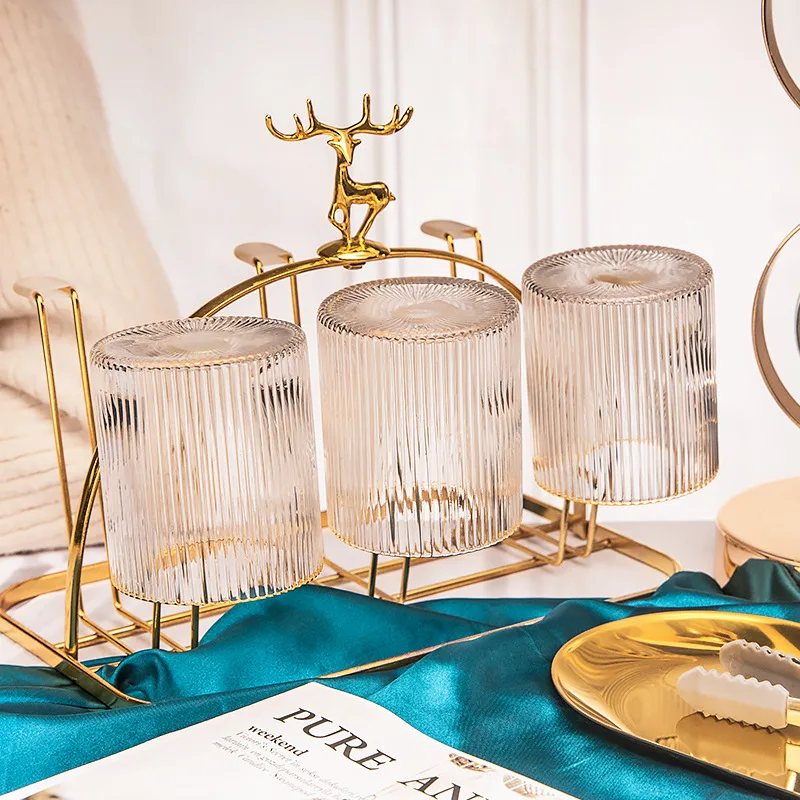 Ribbed Straight Cup Vertical Stripes Heat-resistant Glass Water Glass Whiskey Glass Breakfast Cup with Gold Rim