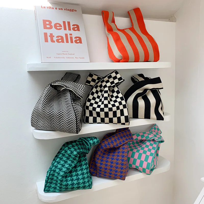 Striped Simple Texture Contrast Color Knitted Shopping Bag Handbag