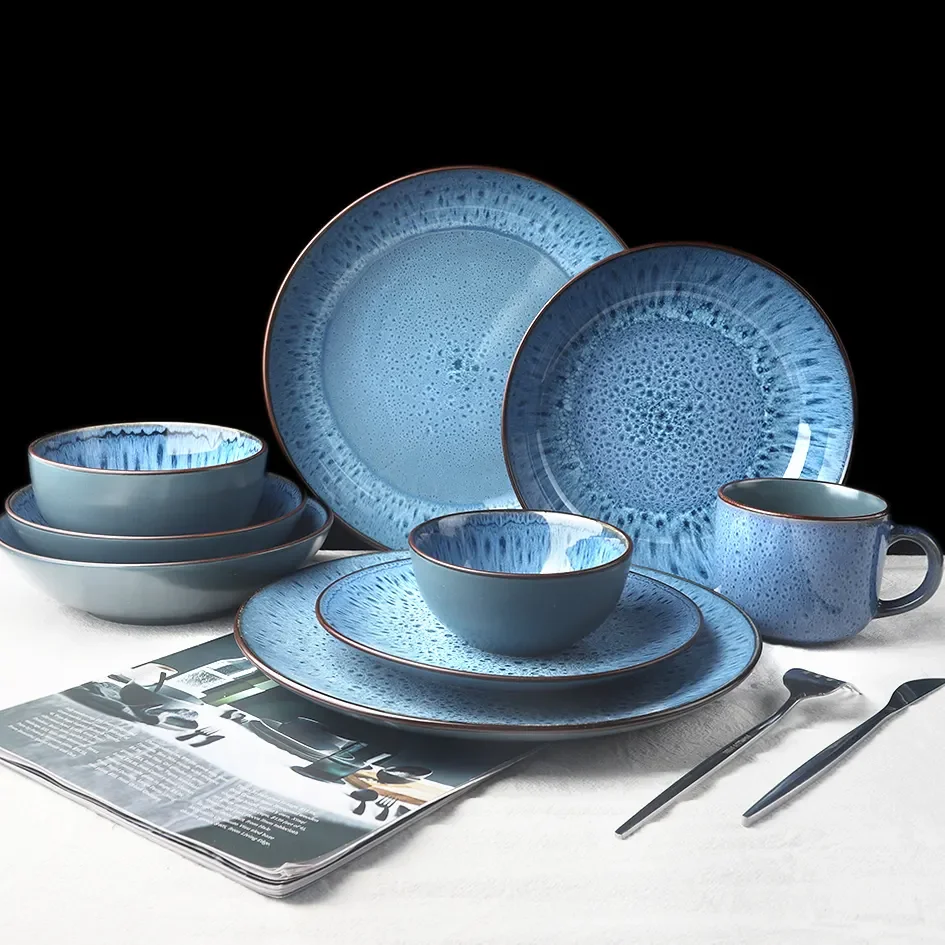 Matte Color Green Blue Black Reactive Glazed Ceramic Stoneware Dinnerware Sets Antique Crockery Rustic Stone Dinner Sets