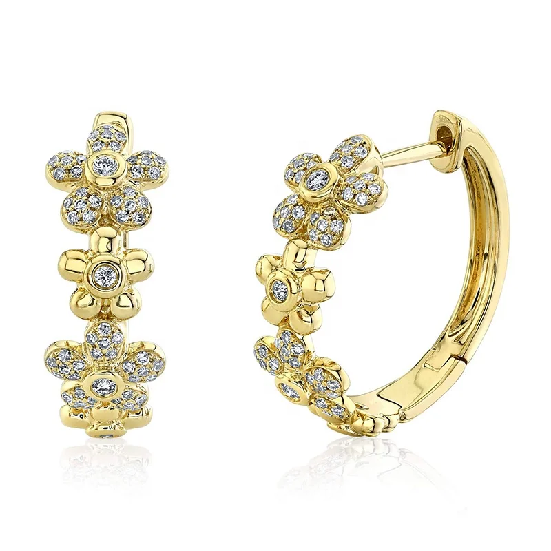 Milskye high quality 925 sterling silver hoops 18k yellow gold zircon pave flower hoop earrings