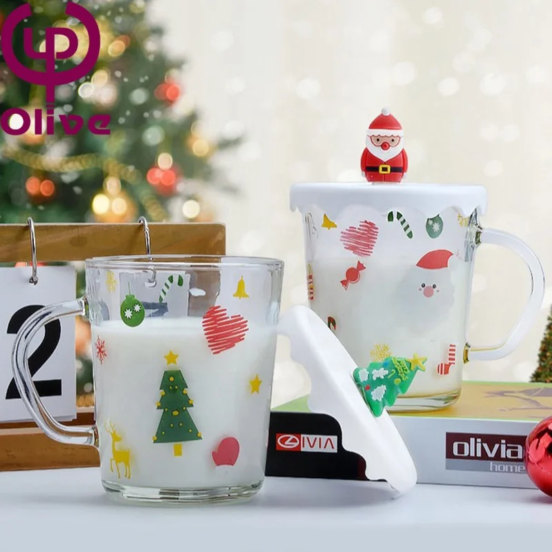Cartoon Large Capacity Santa Water Milk Mug Christmas Gift New Year Heat-resistant Glass Coffee Cup For Drinking With Handle Lid