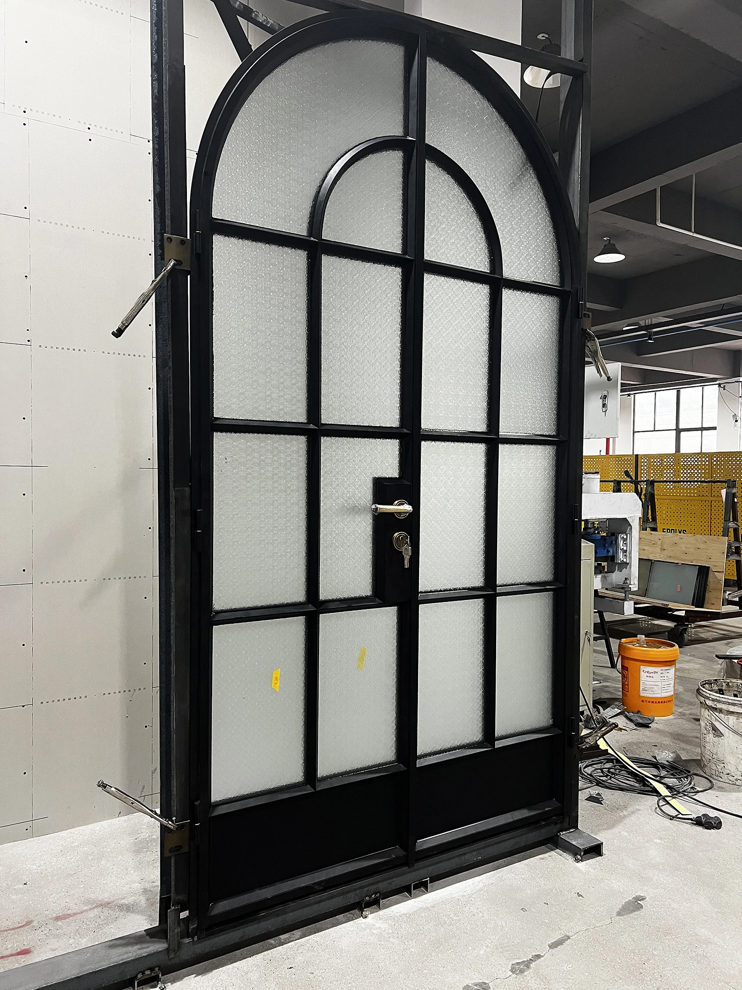 French interior doors Black arched swing double glass doors with opaque pattern laminated glass and vintage copper handles