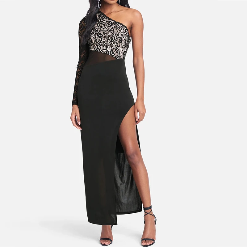 Summer Fashion OEM Customized One Shoulder Mesh Inset  Maxi Dress For Women