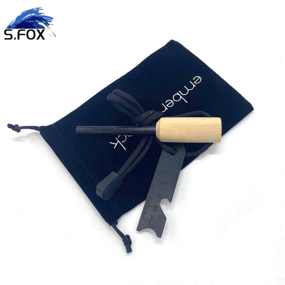 Fire Flint Steel Striker Campfire Pocket Bellows Fire Starter Wood Handle Flint Ribbon Bag