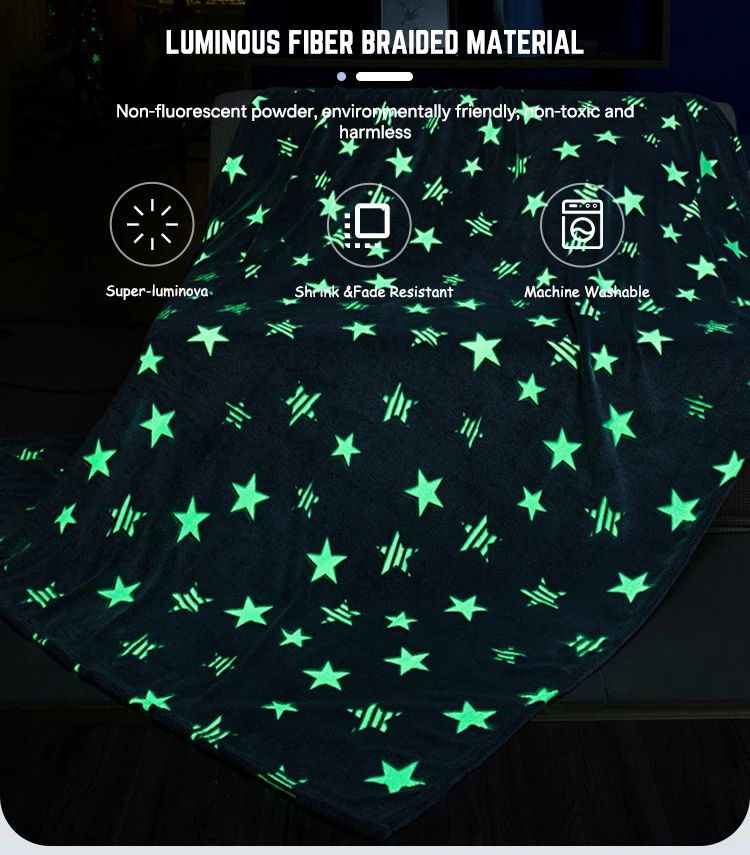 Custom Super Soft Grey Cozy Flannel Star Shining Luminous Flannel Fleece Blanket Glow in The Dark Baby Blanket