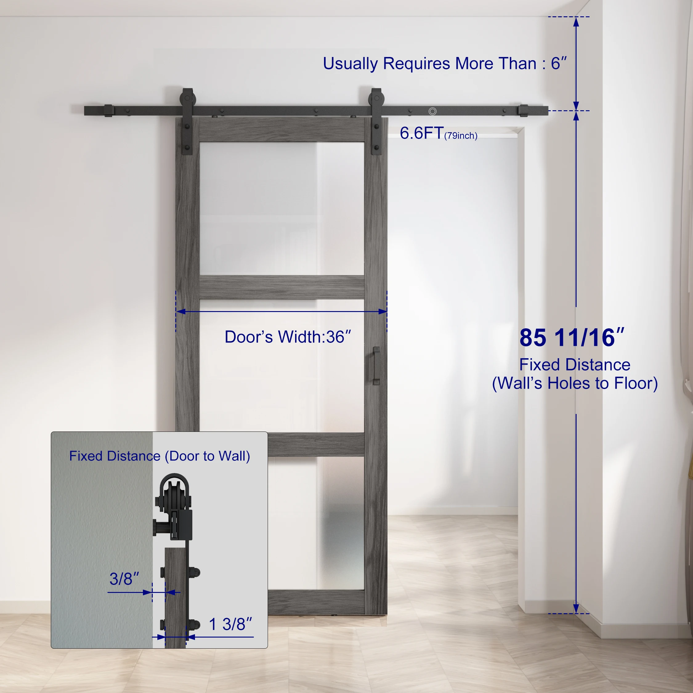 Knocked down version 3 lites Brown Color  Wooden Barn Door Wth frosted Glass Panels, Including The Track Rollers