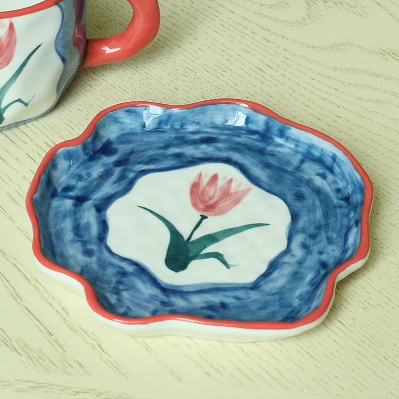 Irregular Nordic Ceramic Snack Dishes Hand Painted Turkish Plates Blue Flower Side Dish