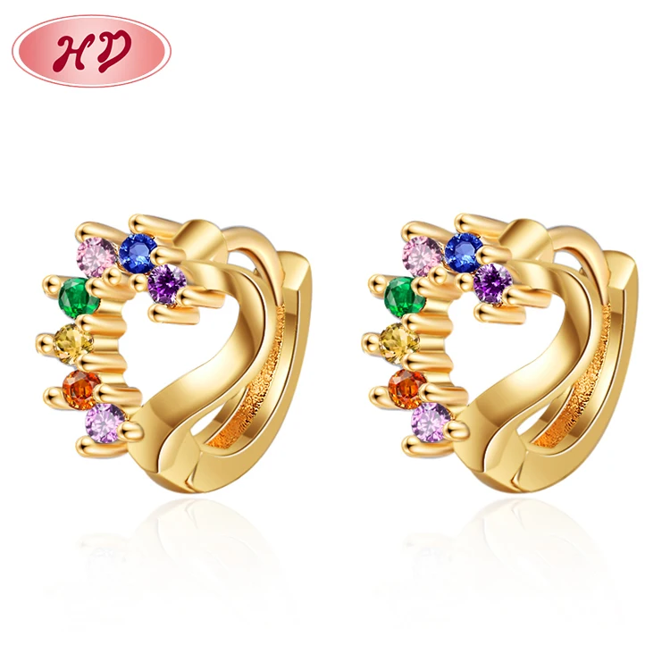 oro laminado unique cubic zirconia stone 18k gold plated heart earring huggies small hoop dozen wholesale