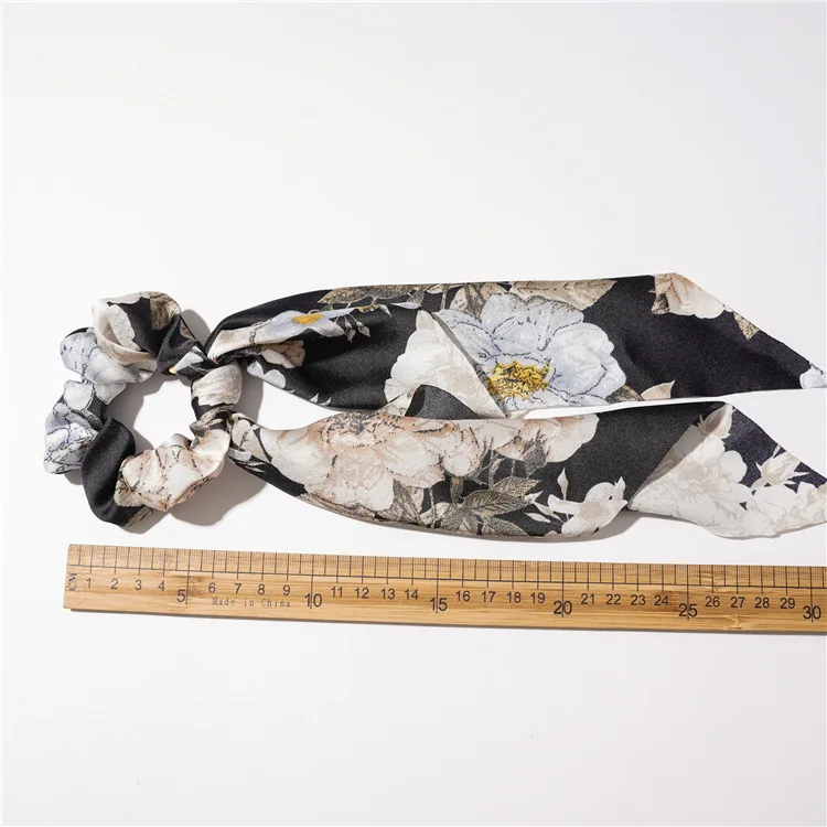Fashion Flower Printed Long Tail Hairscarf Hair Band Women Ladies Large Floral Satin Silk Ponytail Holder Scrunchies Accessories