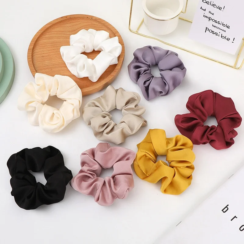 Whole sale bulk big seide silk elastic pastel korean band nude floral xl scrunchies satin fluffy large scrunchie for hair