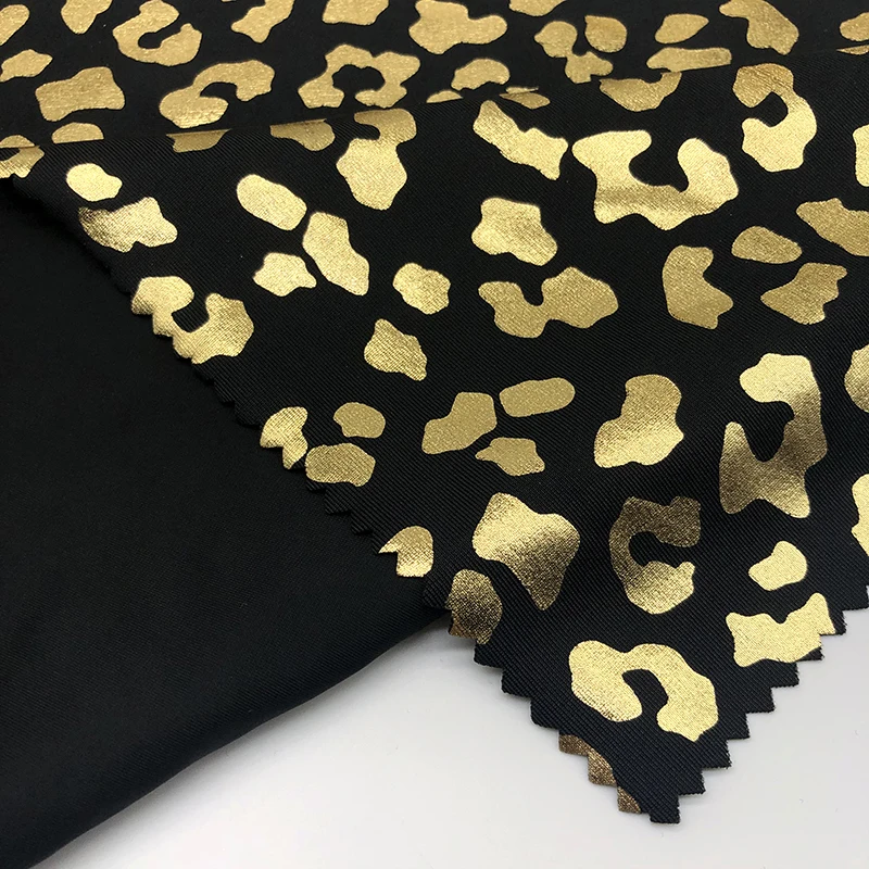 leopard  of gold   for  hologram foil printed spandex stretch fabric for swimwear costume wear