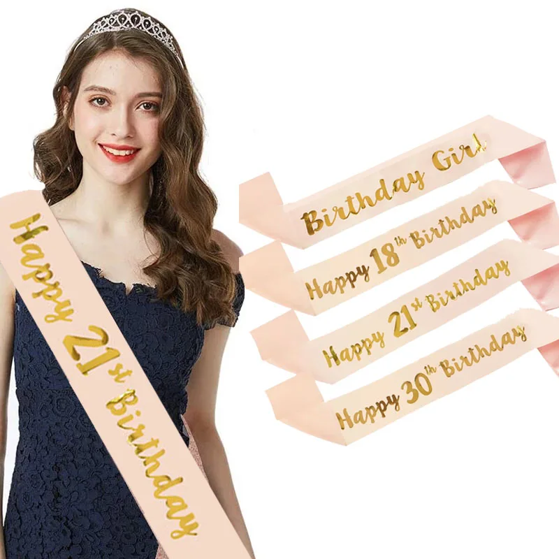 Birthday Party Decoration 18 21 30 40 50 Rose Gold Satin Sash Crystal Crown Tiara Happy Birthday Anniversary Party Supplies
