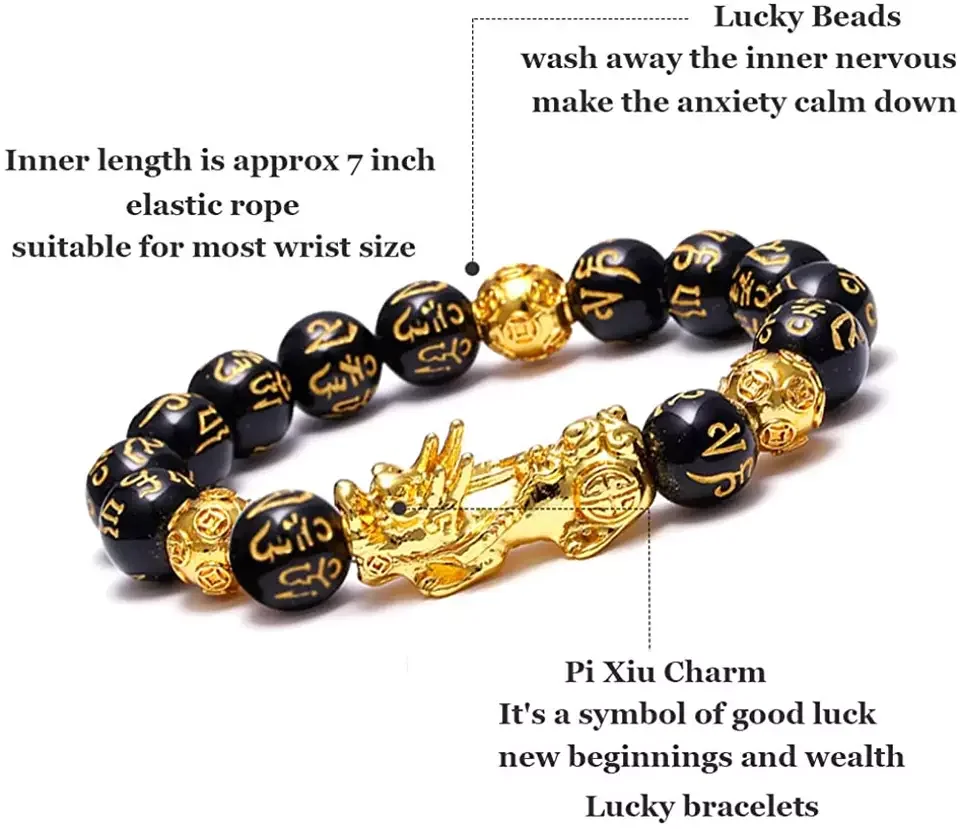 Pi Xiu Bracelet Feng Shui Black Obsidian Beads PiXiu Bracelet Six Words Feng Shui Prosperity PiXiu Bracelet