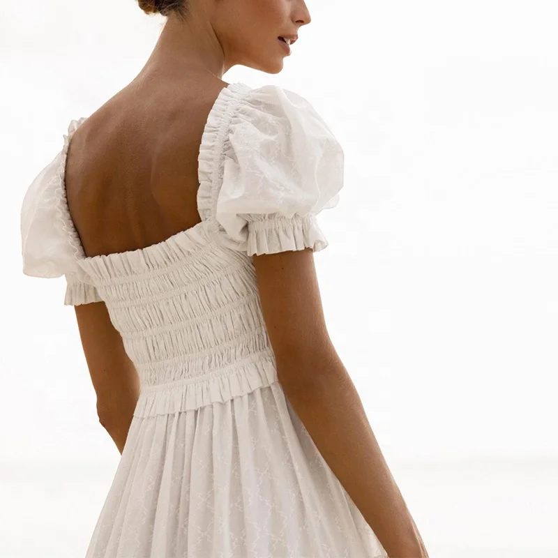Women cotton long casual grace  dress puff sleeves for holiday