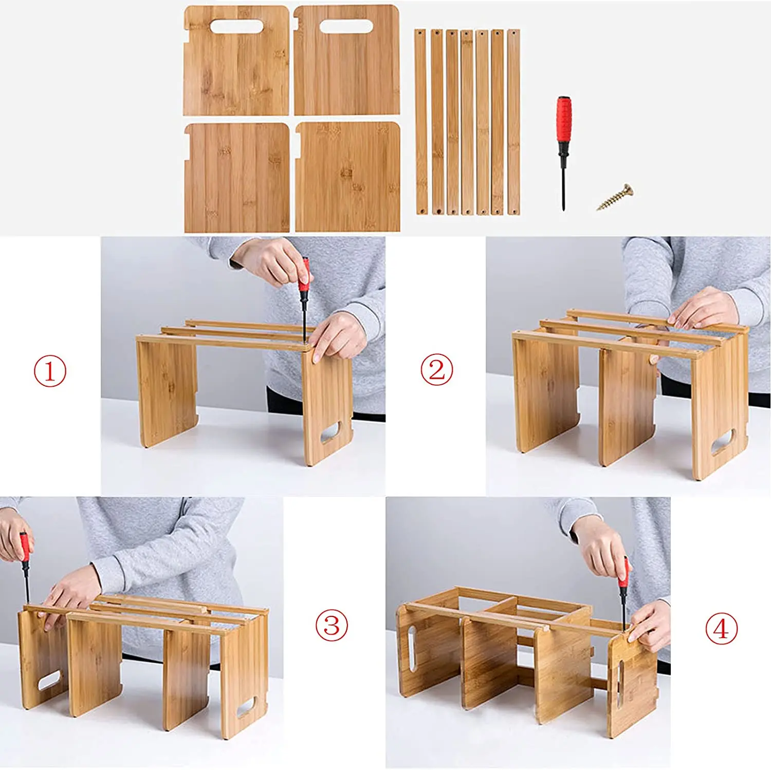 Bamboo Desktop Bookshelf Expandable Organizer Table Top Bookcase Desk Storage Display Shelf Rack for
