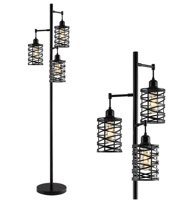 Iron Cage Floor Lamp Bedside Study Office Country Bedroom Three-head Lamp Nostalgic Retro Standing Lamp