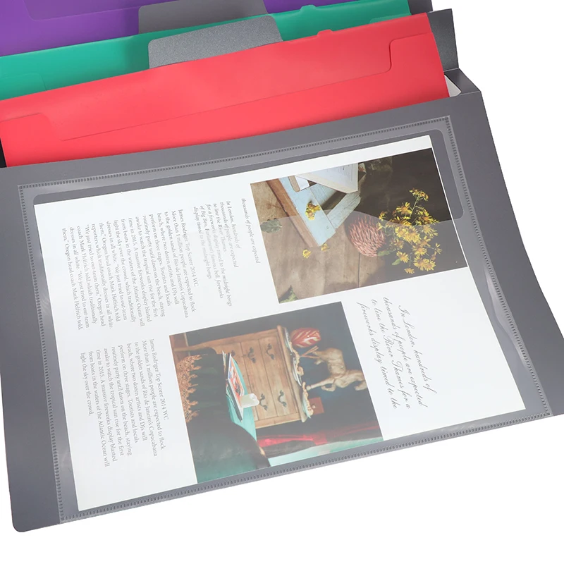 PP plastic hanging wall file organizer 6 pocket expanding folder with elastic band and a clear pocket on the front cover