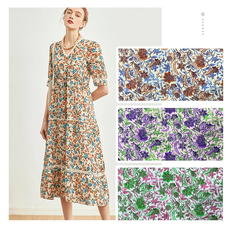 Harvest Print Woven lurex Spun Crinkle Viscose  Crepe Rayon Digital Printed Fabric For Dress