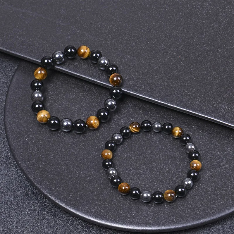 gemstone black obsidian hematite elastic healing energy magnetic mens tiger eye crystals stone triple protection bead bracelet