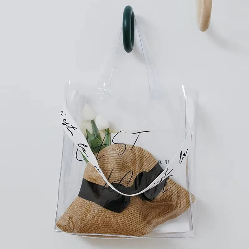 Custom Logo Webbing Handle PVC Clear Shopping Bag Waterproof Gift Plastic Bags Transparent Beach Tote Bag