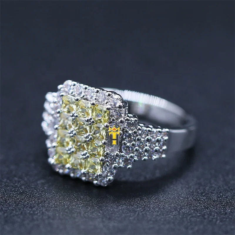 Lab diamond citrine cz ring silver gold plated square shaped zircon ring custom crystal iced out hip hop ring