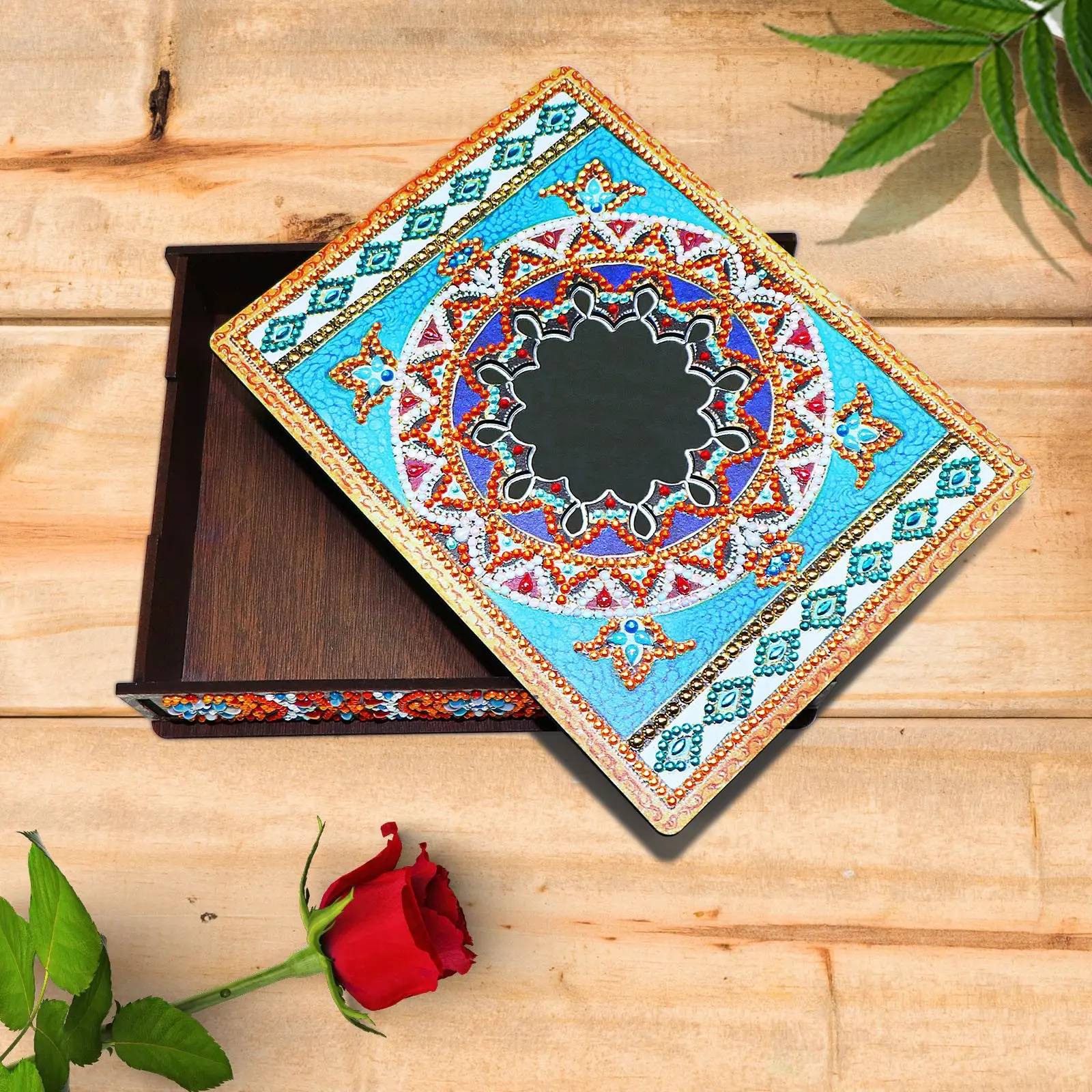 Mandala jewelry organizer wooden box with mirror diy storage case drilled with diamond