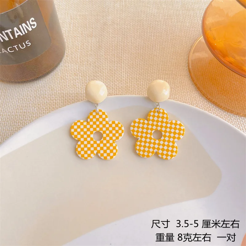 JUHU Blue flower transparent acrylic earrings simple sweet and lovely yellow plaid silver pin earrings all-match jewelry women
