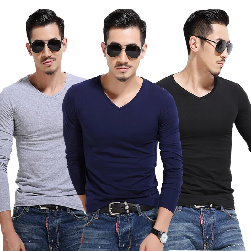 V-Neck Long Sleeve Men T Shirt Cotton T-Shirts Man Clothing TShirt Brand Tees Elastic Mens T-Shirt For Male