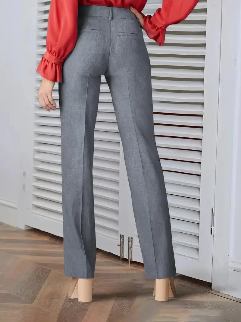 Formal Office Ladies Solid Color Straight Leg Suit Trousers Elegant High Waist Long Pants For Work