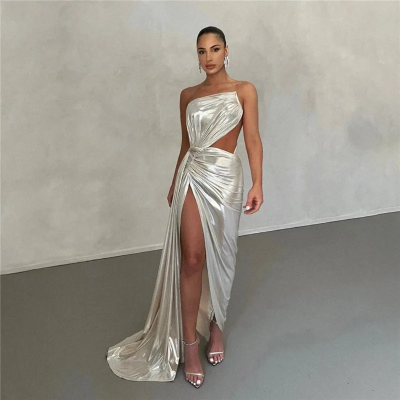 2023 summer fashion elegant dress design sleeveless strapless sexy dress solid bodycon split  ladydress night dresses for woman