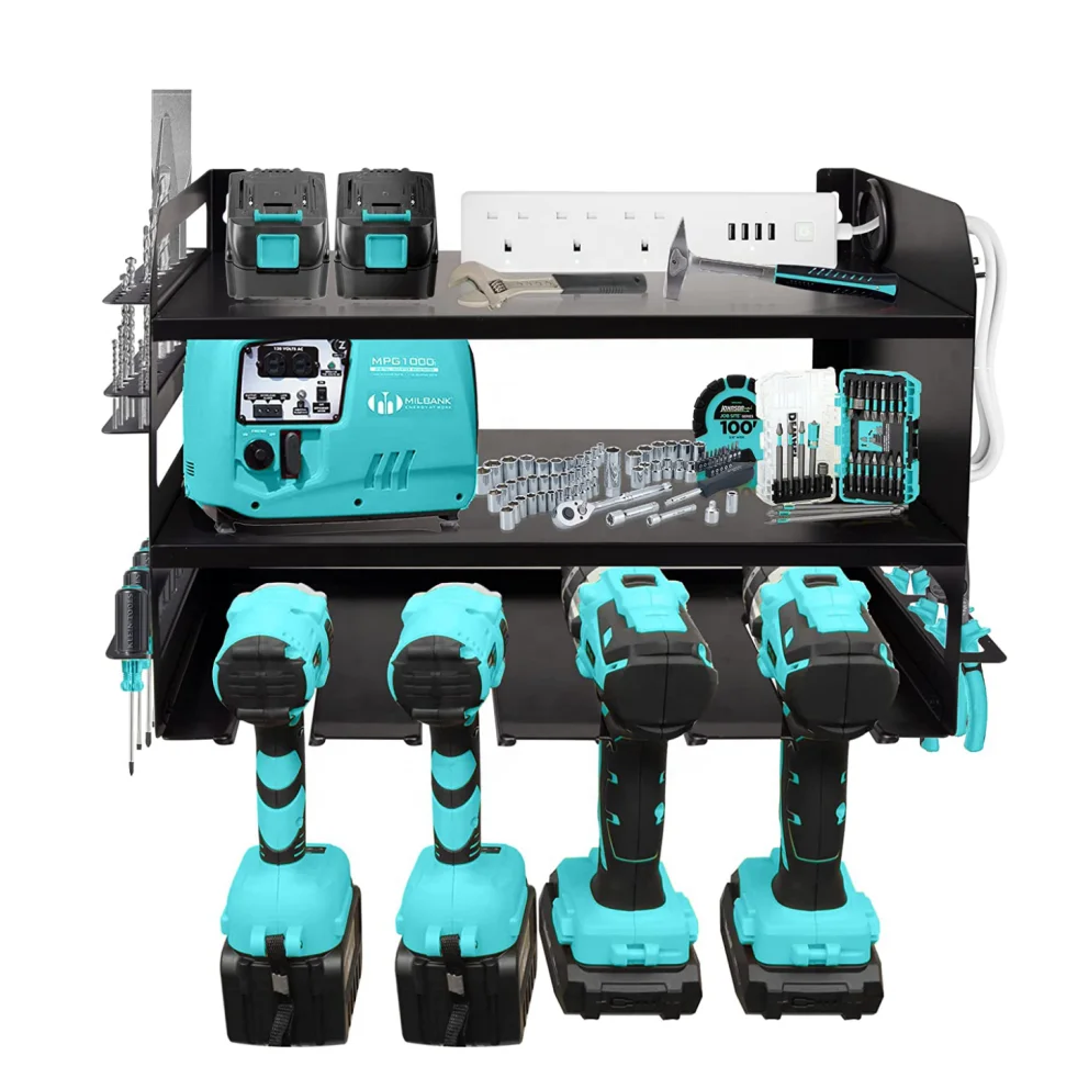 Power Tool Organizer with 5 Drill Rack,Battery Tool Organizer and Storage,Garage Heavy Duty Metal Tool Shelf