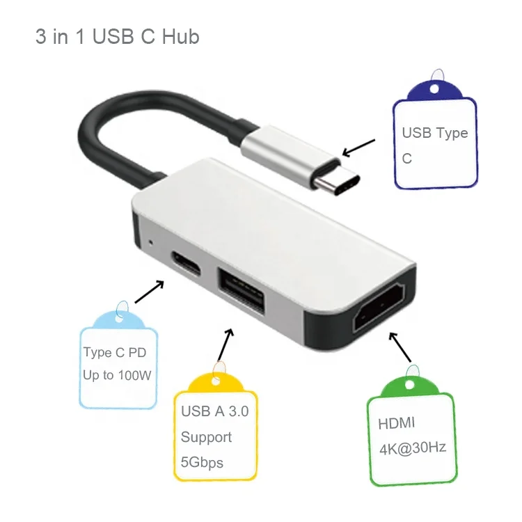3 in 1 USB C port to PD USB 3.0 HDMI Type C hub adapter laptop docking station