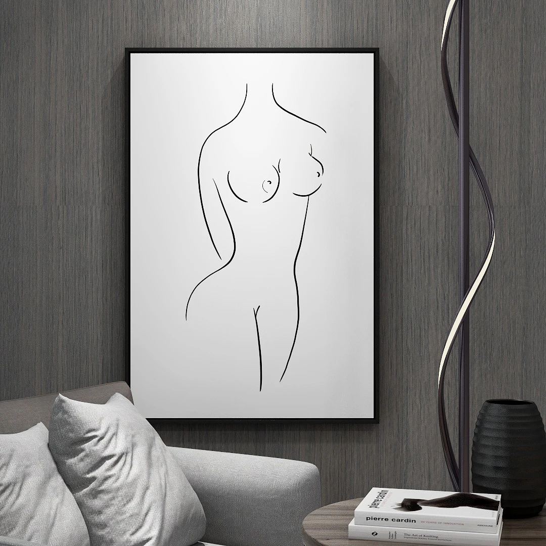 modern abstract line wall art sexy nude body acrylic painting girl black and white canvas print