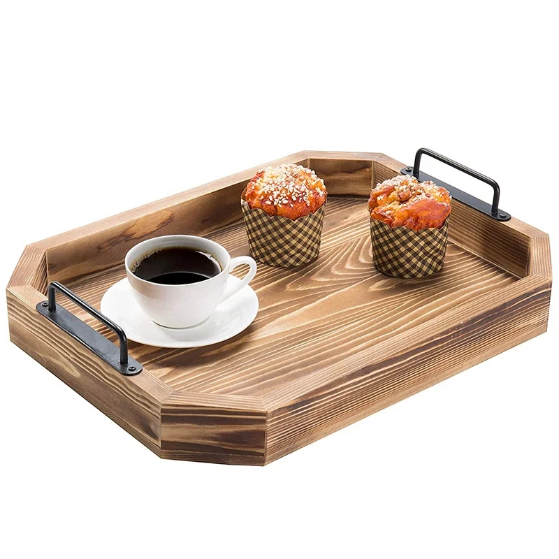 Vietnam Wholesale Rectangle Rustic Wood Tray With Metal Handles Tea Food Serving Wooden Tray