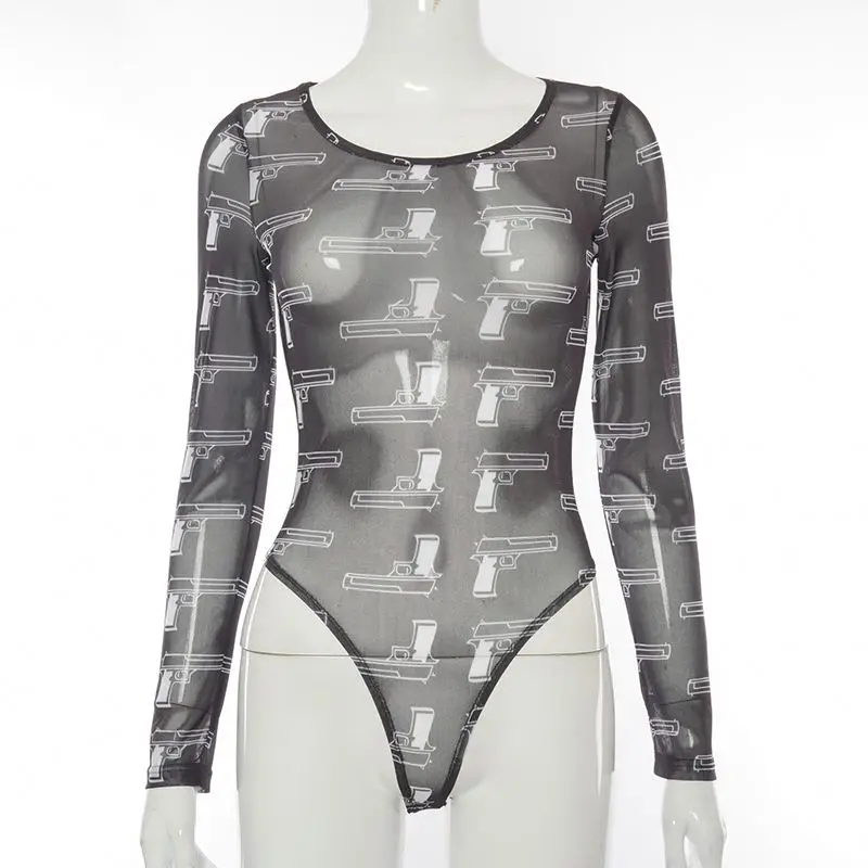 
A908B Spring Pistol Black O Neck Bodysuits Women Casual Long Sleeve Elastic Print Rompers Short Lady Skinny Body Top 